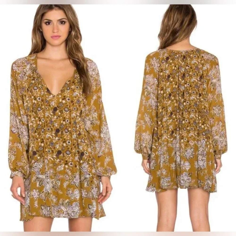 Free People Lucky Loosey Dress XS Goldenrod Mustard Floral Boho Mini Excellent